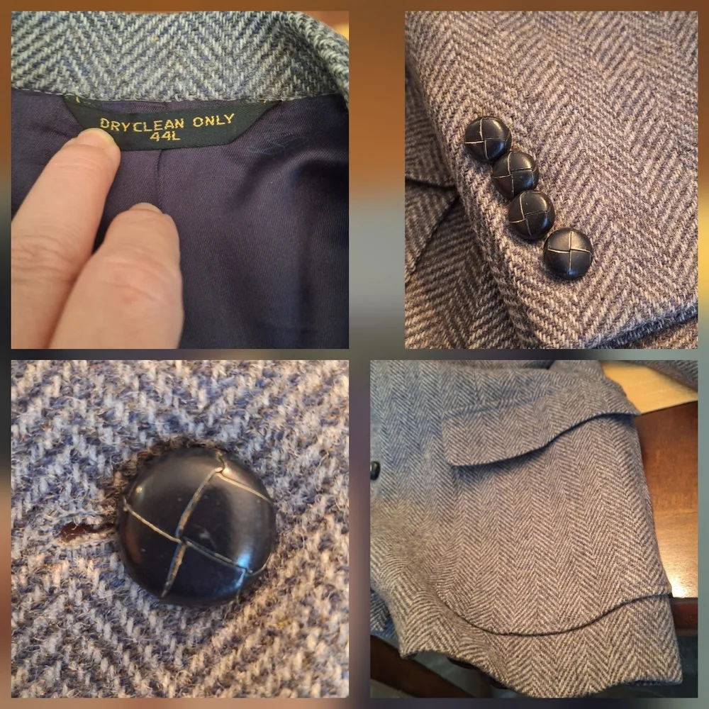 Vintage Gray Wool Herringbone Suit Coat Blazer with Elbow Patches 44 L